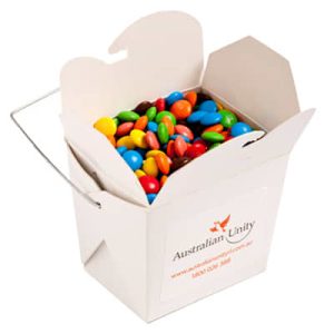 White Cardboard Noodle Box with Mini M&Ms 100g